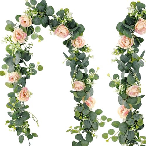Lxoraziy Ghirlanda Eucalipto Artificiale con Fiori Rosa, Set di 2 Ghirlande Decorative 180 cm, Vite Eucalipto per Matrimoni, Tavoli, Archi, Porte, Decorazione Floreale Boho