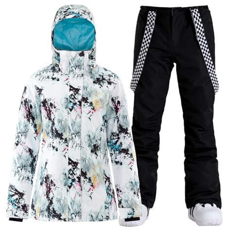 GSOU SNOW Giacca e Pantaloni da Sci da Donna, Tuta da Sci 2 Pezzi, con Cappucco Impermeabile Antivento Traspirante Caldo Isolante