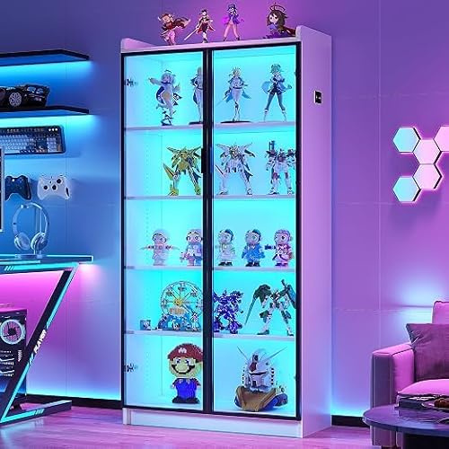 Gurexl 165 CM Vetrina Illuminata a LED,Vetrine a 5 Ripiani,Per Soggiorno,Ufficio,etrine Da Collezione con Ante In Acrilico E Ripiani Mobili,Cucina,Bar,Studio,Libri Da Collezione,Vino,Bianco