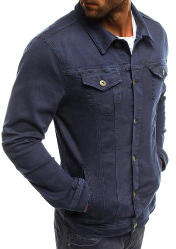 Camisa vaquera de color sólido para hombre, cuello de solapa, diseño de manga larga sin capucha, cierre de botón, estilo cargo con bolsillo, chaqueta casual para el trabajo y uso diario, azul marino
