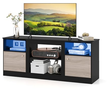 GYMAX Mueble para TV con Luces LED, Soporte de TV de 65 Pulgadas con Estante Ajustable y Compartimento Abierto para Chimenea, Mesa de Televisor con Almacenaje para Salón Dormitorio, 147 x 40 x 60 cm