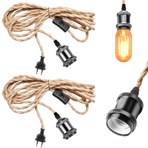 2 cavi per lampada vintage E27, lampada a sospensione vintage con spina, lampada a sospensione con spina, cavo per lampada con interruttore con corda di canapa da 4,6 m, fai da te a testa singola