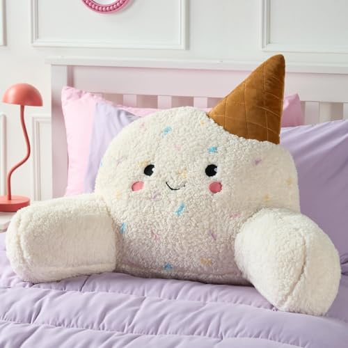 OHS Ice Cream Cuddle Cushion for Kids, Reading Pillow for Bed Adult Super Soft Teddy Fleece Back Support Cushion with Arms Bed Cushions Snuggle Hug Pillow Relaxing Comfy, Cream/Brown