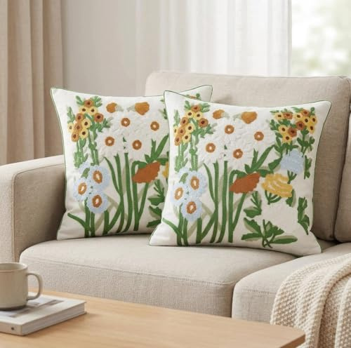 Hopomoon Juego de 2 fundas de cojín bordadas, 45 x 45 cm, diseño de flores bordadas, de lona resistente, estilo bohemio, color blanco, para sofá, salón, dormitorio, decoración