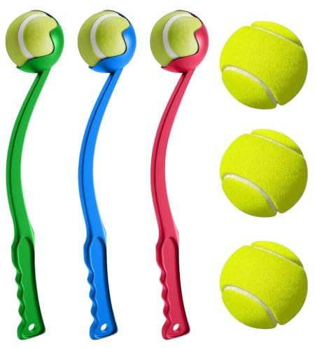 ZOPPER 38cm Dog Ball Launcher with 3 Tennis Balls | Hands Free Thrower Stick for Dogs, Strong Grip Fetch Toy, Training & Exercise, Outdoor Play, Any one Random Colour Dispatched