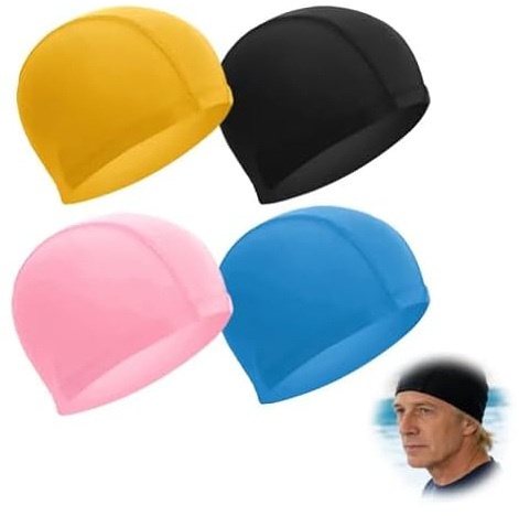 Gorro de baño de tela, juego de 4 unidades, gorro de baño muy elástico para mujer, hombre, niños, cómodo, protector de orejas, gorro de natación para pelo largo y corto, negro, rosa, amarillo, azul
