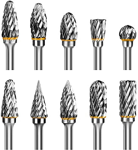 Hakkin 10Pcs Tungsten Carbide Steel Double Cut Rotary Burrs Set for Dremel Accessory 1/8 Shank Die Grinder Bits Rotary Tool Accessories for DIY Wood Carving, Metal Polishing, Engraving, Drilling