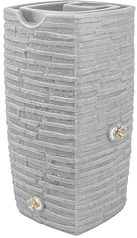 Good Ideas Rain Barrel, Faux Slate Riverwalk w/ 2 Brass Spigots, 50-Gal, Light Granite