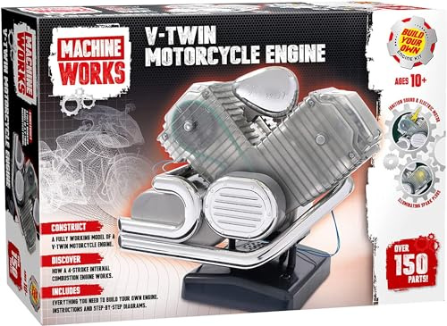 Machine Works Bulld Your Own V-Twin Motorcycle Engine Toy - Replica Model Building Kit - Features Sounds and Illumination, 150+ Pieces, 10+ Years