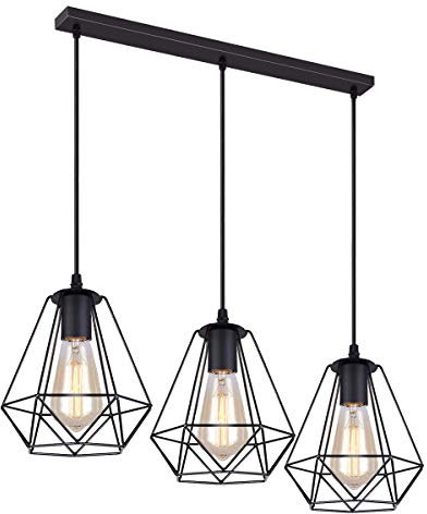 iDEGU 3 Luci Lampadario a Sospensione Vintage Industriale Lampada da Soffitto Paralume a Forma di Gabbia in Metallo E27 Lampada a Sospensione per Cucina Sala da Pranzo Soggiorno (Palo)