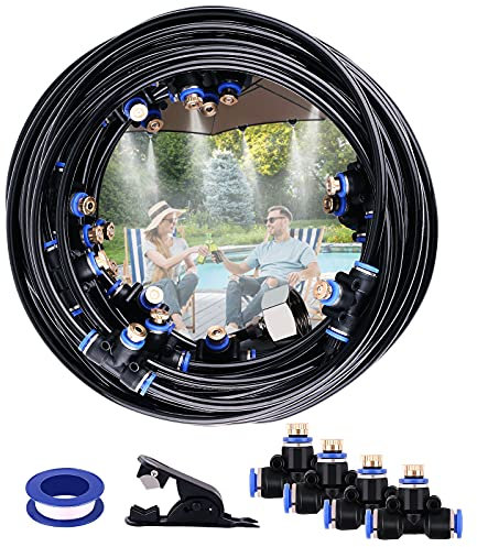 Kühlsystem, AGPtEK Nebel-Kühlsystem 20m Nebelleitung mit 23 T-Stück-Nebeldüsen, 20 Kabelbinder und 3/4-Zoll-Messing-Adapter, Outdoor-Nebel-Kühlsystem für Terrasse, Garten, Rasen, Gewächshaus,Trampolin