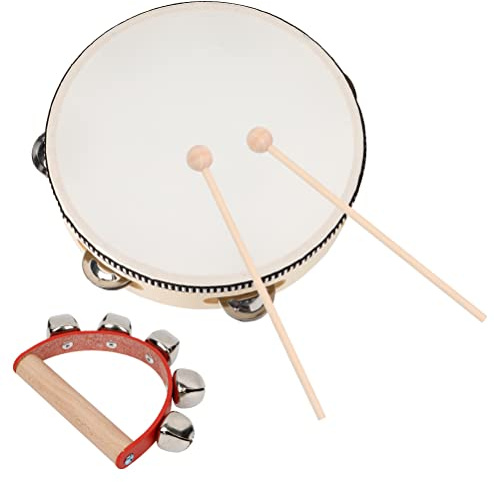Hand Held Tambourine Drum, 3PCS Wood Tambourines with Jingle Bells & Percussion stick,Half Moon Tambourine 7.8Tambourine Hand Held Drum,Metal Jingles Percussion Musical Toy for Educational Game