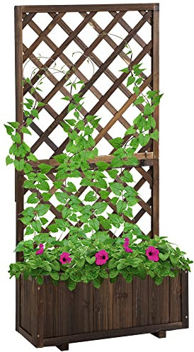 Outsunny Garden Planter with Trellis, 45L Raised Bed for Climbing Plants, Vines, Flowers, Outdoor Planter Box for Patio, 72.5 x 31.5 x 149.5 cm, Carbonised Finish