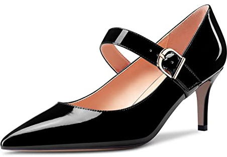 Saekcted Femmes Aiguille Mi Kitten Talon Heel Pointu Bout Escarpins Mary Jane Slip-on Dress Chaussures 6.5 CM Heels Noir 40 EU