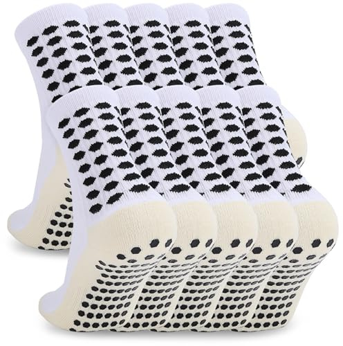 Ultrafun 5 Pairs Soccer Socks with Grip Pads Non Slip Football Basketball Sports Socks for Men Women (5Pairs-White)