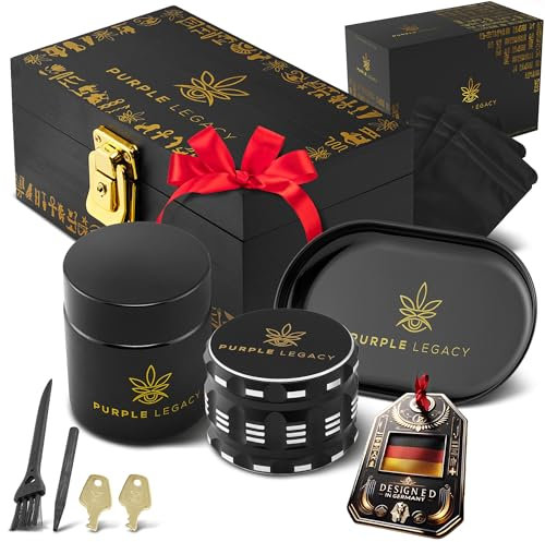 PURPLE LEGACY® Designed in Germany | Geschenk Set Grinder Box Abschließbare Box Kiste aus Bambus | Storage Box mit Crusher, Tablett, UV-Glas und Zubehör Aufbewahrungsbox mit Schloss Grinder groß