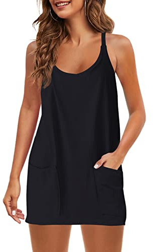 Panadila Womens Summer Sleeveless Mini Dress V Neck Spaghetti Strap Sundress Athletic Short Dress with Pockets (Black,M)