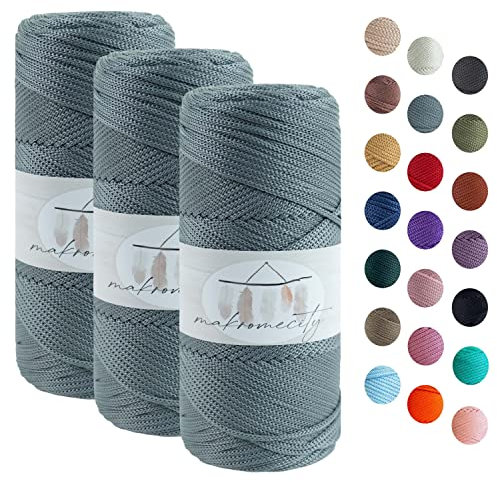 Makromecity, Polyester Macrame Cord 2mm x 125 Yards (375 feet) 2mm Polypropylene Macrame Cord Crochet Macrame Bag Cord Crafts for Wall Hangings, Bags, Underplate, Rug (3, Grey)