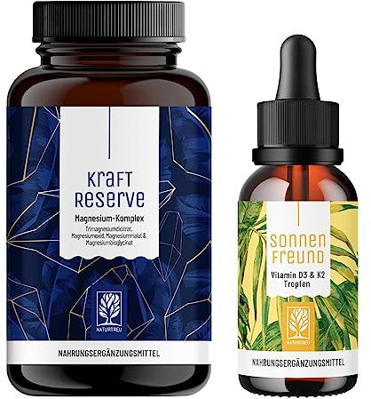 NATURTREU® Vitamin D3 K2 Tropfen mit Magnesium Komplex hochdosiert - Sonnenfreund & Kraftreserve Paket - vegan