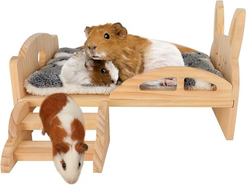 HYLYUN Meerschweinchenbett aus Holz mit Treppe und Matte, Holz Meerschweinchenbett Abnehmbare Plattform Meerschweinchen Tiere Kissen Bett für Zwergkaninchen Chinchillas Hamster Frettchen
