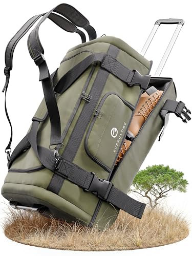 EVERGLOBE Reisetasche mit Rollen 90l Groß - 3in1 Tasche + Trolley + Rucksack | Reisekoffer mit Rollen Travel Bag Sporttasche Duffle Bag Koffer Urlaub Reise Outdoor Sport | Damen und Herren Khaki