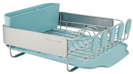 KitchenAid Compact Space Saving Rust Resistant Dish Rack with Removable Flatware Caddy and Angled Self Draining Drainboard, 12.63 x 15.87 x 5.54 Inch, Mineral Water