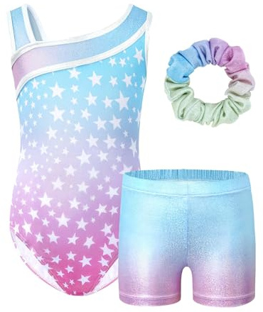 JiAmy Girls Gymnastics Leotards, Glitter Ballet Dance Unitards Biketards Activewear with Short & Hairband for Kids 5-7 Years