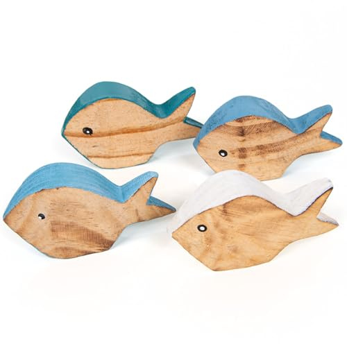 Logbuch-Verlag 4 peces pequeños de madera, figuras decorativas de madera, color azul, decoración de mesa, color blanco, decoración de verano, marítimo, 9,5 cm