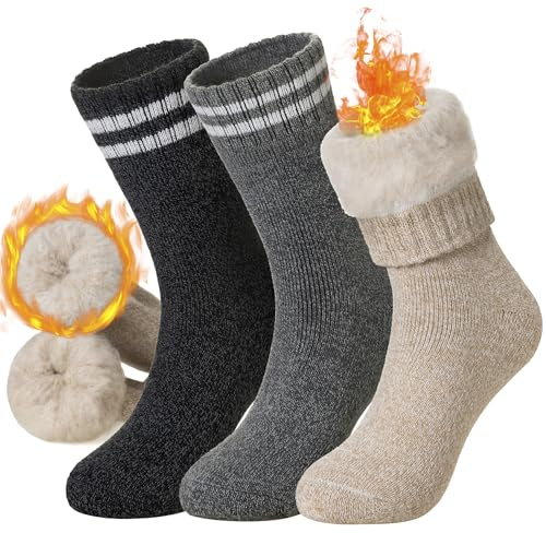 DoSmart Womens Warm Thermal Socks Winter Ski Extra Thick Insulated Heated Crew Boot Socks for Cold Weather 3 Pairs(Black/Khaki/Grey)