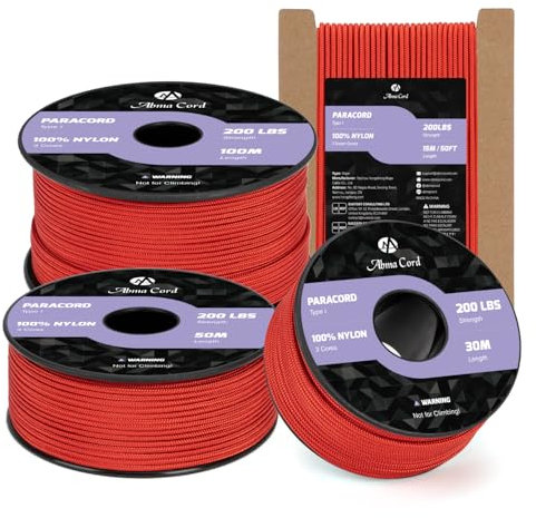Abma Cord Paracord 2mm 100m Nylonschnur 3 Kern Seil Typ I Schnur für Basteln, Camping, Outdoor - Max. 90kg (200lbs) - Rot