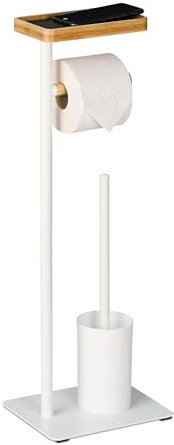 Relaxdays WC Garnitur, Bambus, Eisen, freistehender Klopapierhalter, Toilettenbürste mit Bürstenhalter, weiß/natur