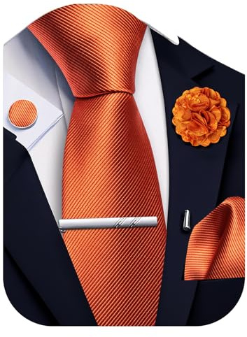 Ailisus Ensemble de cravate, pochette et boutons de manchette à rayures, épingle à revers et pince à cravate, ensemble de cravate en soie unie pour mariage et fête, 5 pièces, Orange, 3.35 inches wide