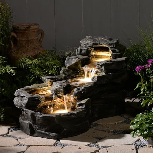 Bumilgar 94 cm Large Garden Water Features, 5-Tiers Rock Natural Waterfall Outdoor Fountains with LED Lights for Patio, Porch, Home Art Decor