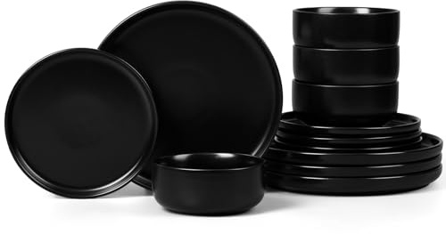 Onader 12Pcs Dinner Set, Reactive Glaze Stoneware Dinnerware for 4 People | Elegant Plates and Bowls Sets for Kitchen Christmas Camping, Scratch Resistant, Microwave & Dishwasher Safe - Silent Black