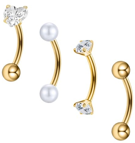 Besyvvin 4 piezas de piercing curvo con barra para ceja labio corazón rook daith hélix 8mm color Oro