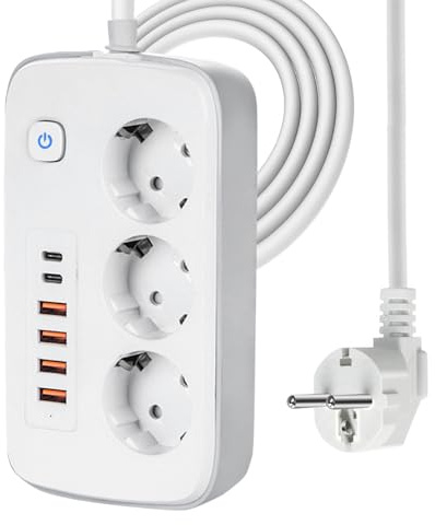KBIBCK grenuttag med USB, 3-vägs grenuttag med 4 USB och 2 typ C, 2,4 A/5 V, fördelningsuttag med barnsäkring, flera uttag med strömbrytare för hemmet kontor, 2 m kabel (vit)