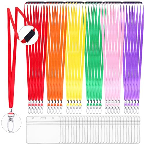 30 Pack Breakaway Lanyard with Card Holders | Flat Neck Safety Lanyards Bulk Quick Release Lanyards in 6 Colors with 30 Waterproof ID Badge Holders for Name Tag
