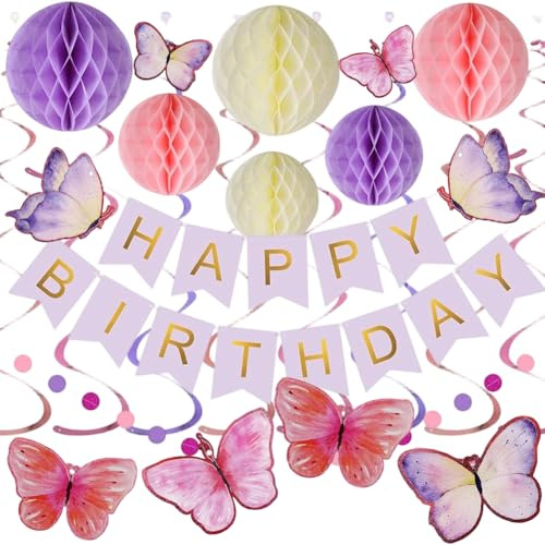 Decoración de cumpleaños de mariposa, pancarta de feliz cumpleaños con bola de panal, mariposas colgantes remolinos, guirnalda de puntos circulares, decoración y fiesta de cumpleaños para mujeres y