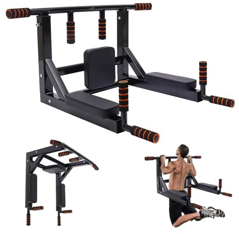 TONFEION Barra de dominadas de pared y estación de fondos, barra de dominadas de más de 200kg, dispositivo de entrenamiento multifuncional interior para entrenamiento de pecho, brazos y espalda, para