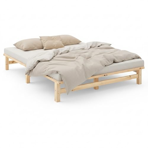 Homestyle4u Lit en palettes 160 x 200 cm en bois massif naturel 160 x 200 cm non traité, avec matelas et sommier à lattes, lit double stable