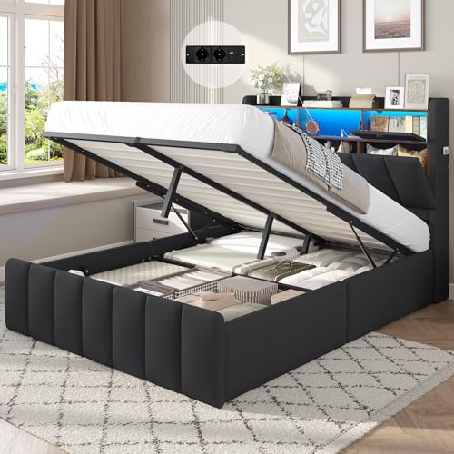 DICTAC Lit Coffre 140x190 avec Rangement – Lit Double à Levage Hydraulique, Éclairage LED, Prises USB/Type-C, Tête de lit Rembourrée avec Rangements – Sommier Inclus – pour Ado et Adulte, Gris