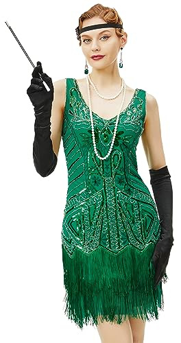BABEYOND Women's Flapper Dresses 1920s V Neck Beaded Fringed Great Gatsby Dress (XS, Green)