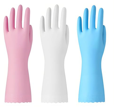 Bamllum Rubber Cleaning Gloves - 3 Pairs Latex Free Kitchen Cleaning Gloves with Cotton Liner- Household Dishwashing Gloves, Non- Slip Waterproof (Medium, Blue+Pink+White)