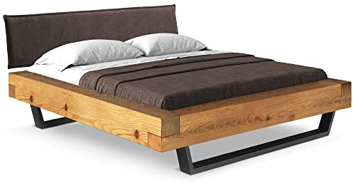 moebel-eins CURBY Balkenbett mit Polster-Kopfteil, Kufenfuß, Material Massivholz, 200 x 200 cm, Natur, Stoff Braun