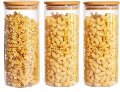 Glass Storage Jars with Lids High Borosilicate Glass Clear Airtight Food Storage Container Jar with Sealing Lid, Tea, Coffee Beans, Flour, Candy, Cookie, Spice, Cereal (1000ML-3Pcs)
