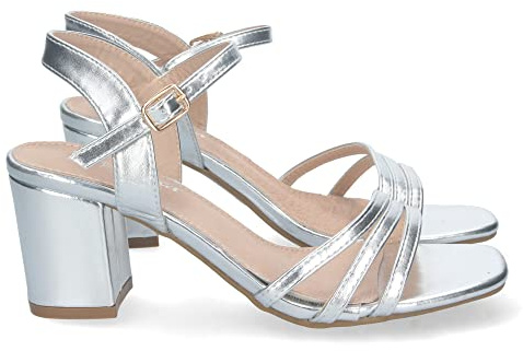 shoes&blues.es 74694 Sandalia de Tacon para Mujer, Comoda, con Palas Finas, Talon Abierto, y Cierre de Hebilla, Primavera Verano 2023 Plata Talla 36