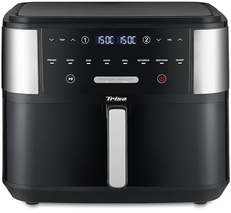 Trisa Crunchy Fry Pro Dual Heißluftfritteuse 10L mit Doppelkammer & SYNC FINISH, Airfryer mit herausnehmbarer Trennwand (2 Zonen), 8-in-1 Touch-Display, XXL Fritteuse ohne Öl, Schwarz/Silber