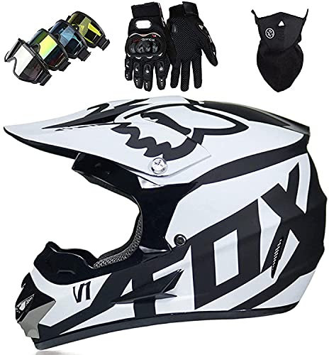 NIKSHI Motorradhelm Kinder Offroad Motorradhelm Set Mit Brille Handschuhe Fahrradhelm Unisex Integral Crosshelm Downhill Vierer Ausdauer ATV Mountainbike Schutzhelm,White-XL=（58〜59CM）