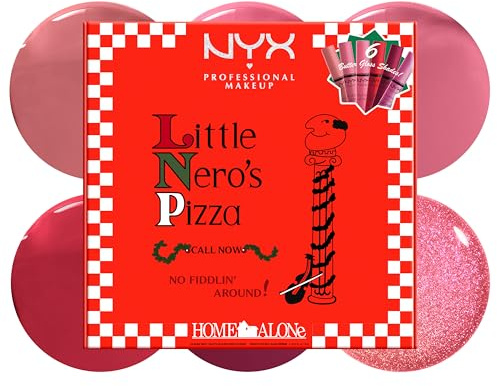 NYX Professional Makeup Home Alone Lipglosse in Pizzaschachtel, Mit glänzendem Finish und nicht klebriger Formel, Butter Gloss Pizza Vault, 6 Stück, 5 Pink-/Rottöne und Butter Gloss Bling