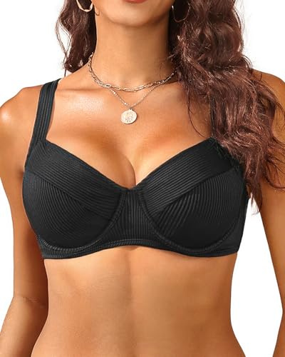Women's Underwire Push Up Bikini Top - Ribbed Swim Bra 2025 Large Bust Bathing Suit Tops Black M